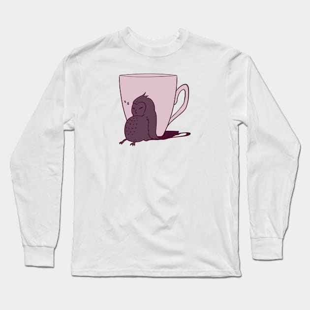 Sleepy Owl and Cup Purple Long Sleeve T-Shirt by AuroraCelestine